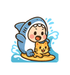 サメ着ぐるみ赤ちゃんサーファー＆猫（個別スタンプ：1）