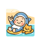 サメ着ぐるみ赤ちゃんサーファー＆猫（個別スタンプ：4）