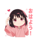 黒色×楽しいピンク着物の女の子スタンプ（個別スタンプ：3）