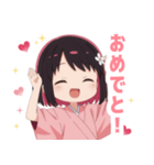黒色×楽しいピンク着物の女の子スタンプ（個別スタンプ：11）