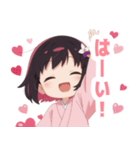黒色×楽しいピンク着物の女の子スタンプ（個別スタンプ：14）