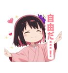 黒色×楽しいピンク着物の女の子スタンプ（個別スタンプ：37）