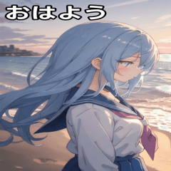[LINEスタンプ] 浜辺いる水色髪女の子