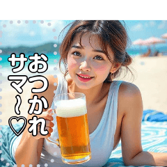 [LINEスタンプ] 夏♡海ビーチで生ビールお姉さん